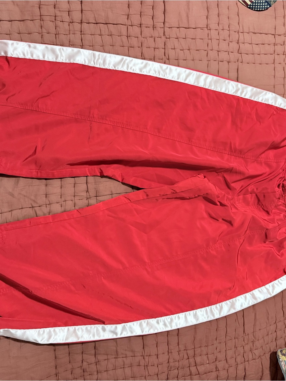 Red Track Pants with Satin White Side Stripe